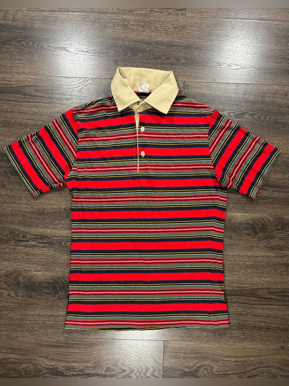 Vintage Jantzen Men's Red Striped Polo Shirt with Tan Collar Size Large NWOT